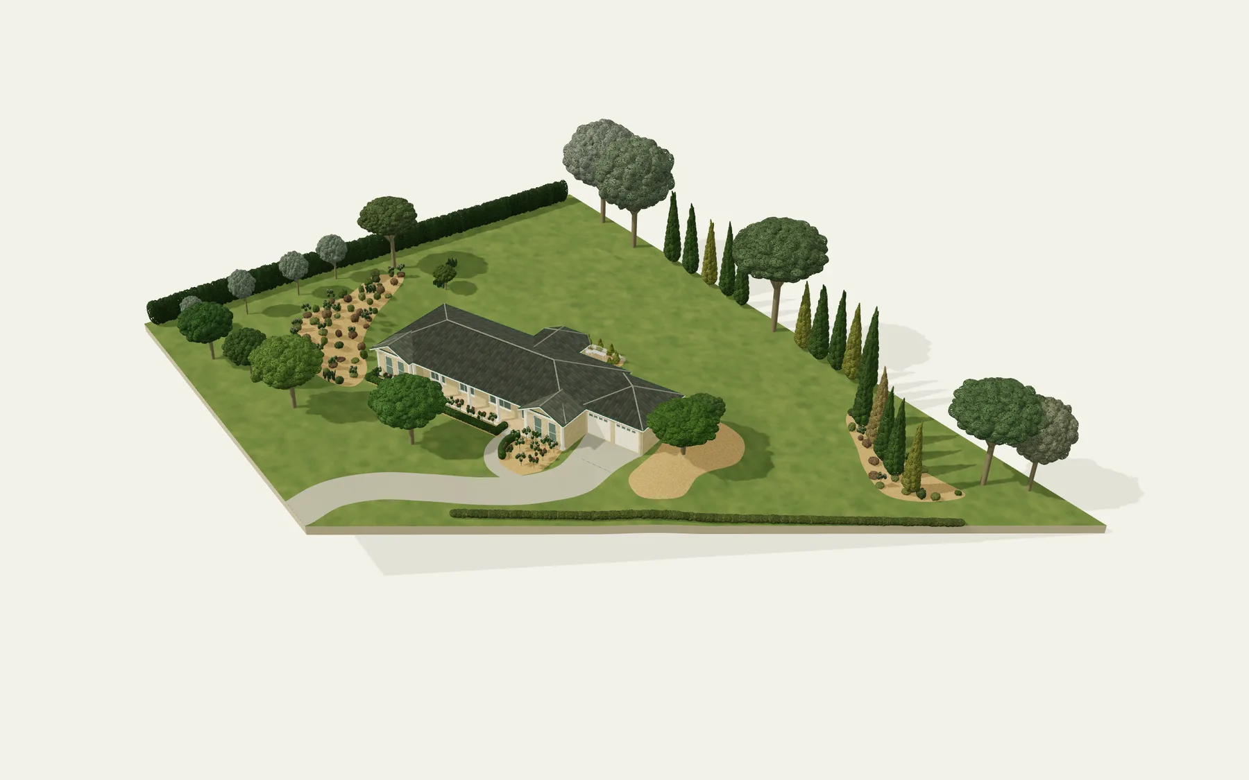 Three-dimensional overview of Copplestone showing the home, driveway and gardens